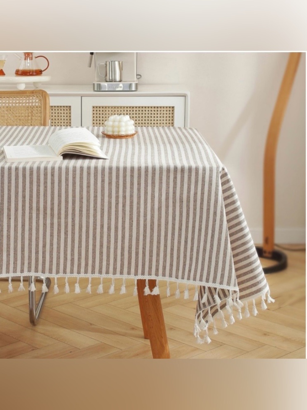 Farmhouse Striped Tablecloth Tassel Trim Cotton Blend SQUARE 60x60” BROWN